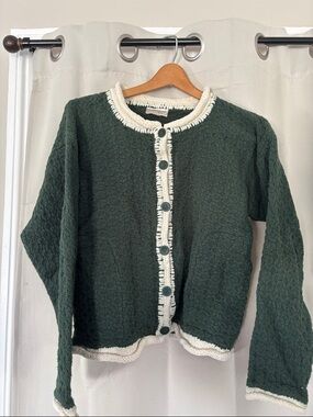 Coldwater Creek Dark Green Textured Button Cardigan with Cream Trim